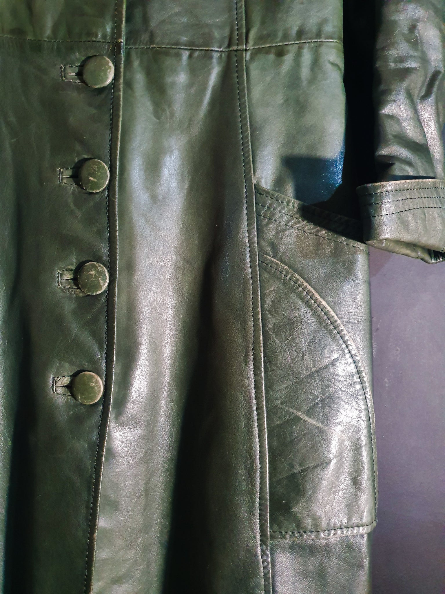 Green Leather 1970s Trench Coat