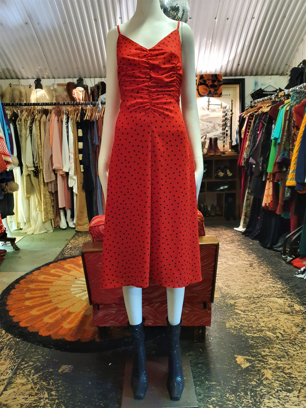 Red & Black Polka Dress w/ Ruched Front